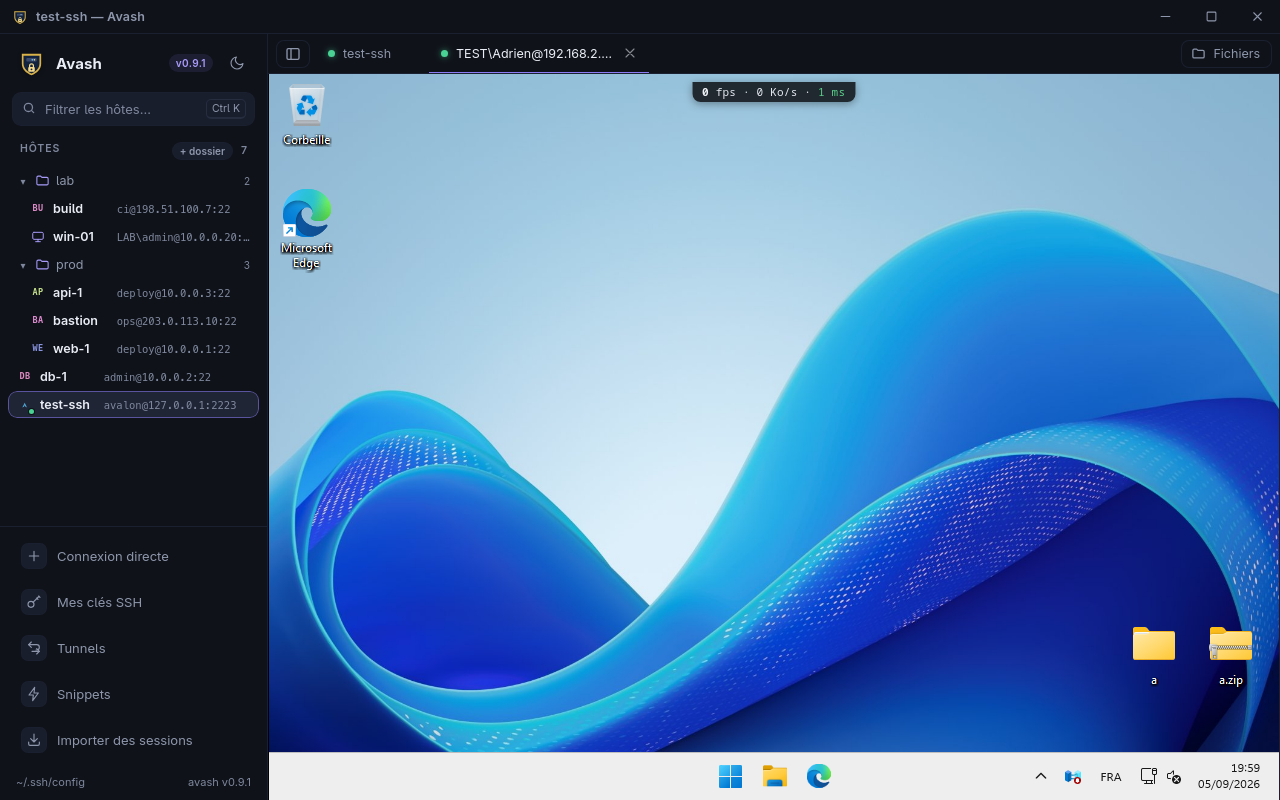 Un bureau Windows 11 dans avash, la liste des hôtes à gauche